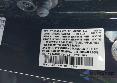 2018 Honda Cr-V Touring z USA, uszkodzony, nr VIN 7FARW2H93JE047695